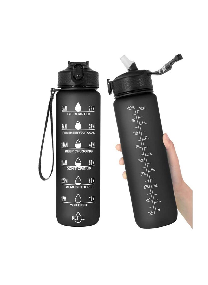 Swift Sports Water Bottle 32oz 1L BPA Free for Fitness, Gym, Outdoor Sports, Leakproof with Motivational Time Marker Straw Strainer - Black  - Image 1