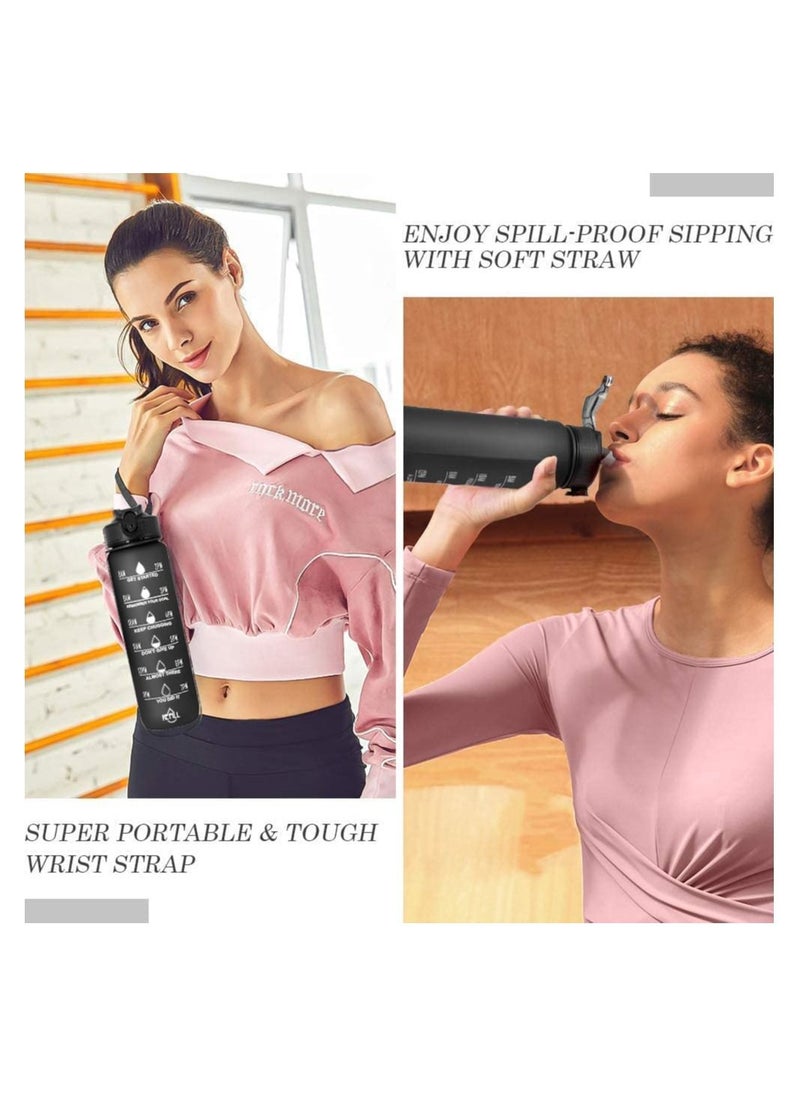 Swift Sports Water Bottle 32oz 1L BPA Free for Fitness, Gym, Outdoor Sports, Leakproof with Motivational Time Marker Straw Strainer - Black  - Image 3