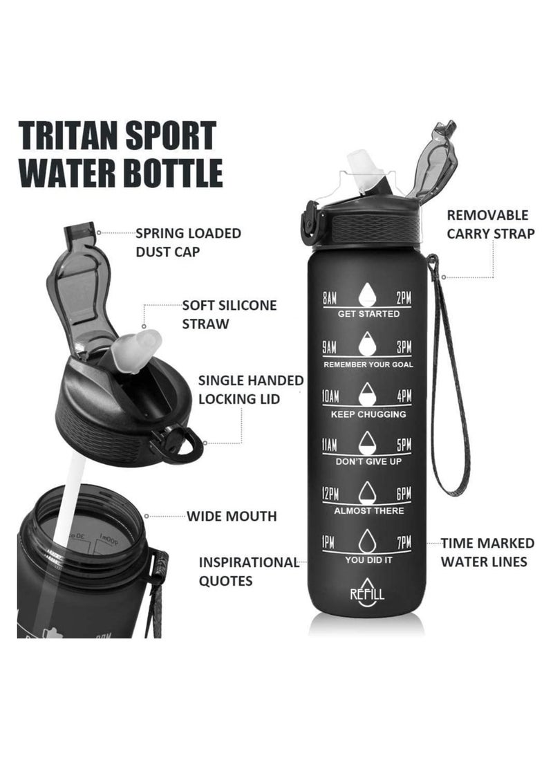 Swift Sports Water Bottle 32oz 1L BPA Free for Fitness, Gym, Outdoor Sports, Leakproof with Motivational Time Marker Straw Strainer - Black  - Image 5
