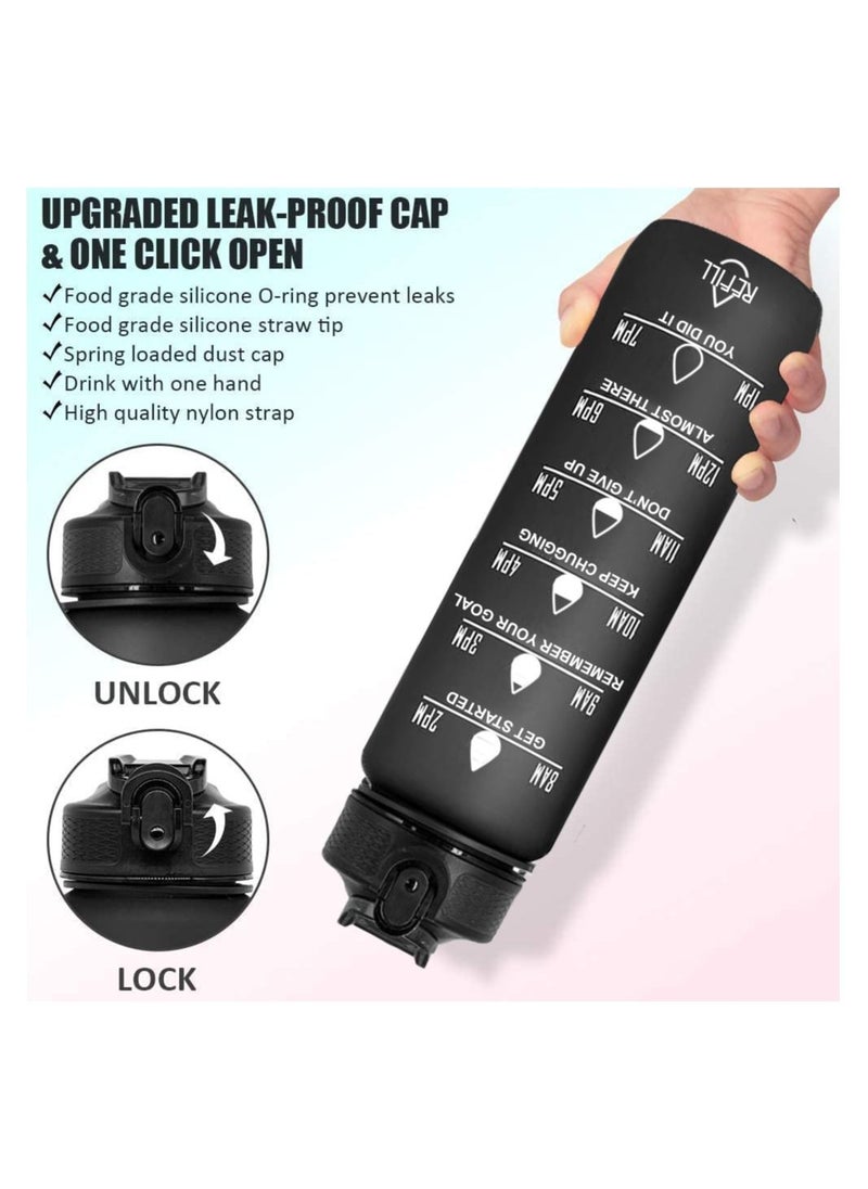 Swift Sports Water Bottle 32oz 1L BPA Free for Fitness, Gym, Outdoor Sports, Leakproof with Motivational Time Marker Straw Strainer - Black  - Image 2