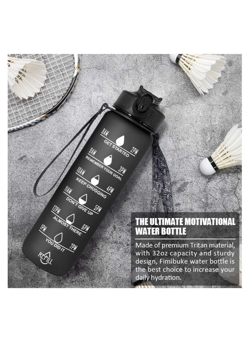 Swift Sports Water Bottle 32oz 1L BPA Free for Fitness, Gym, Outdoor Sports, Leakproof with Motivational Time Marker Straw Strainer - Black  - Image 4
