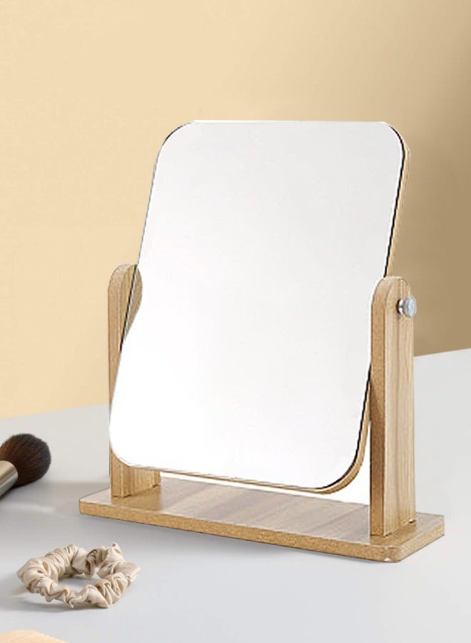 مرآة مكياج خشبية طبيعية بزاوية دوران 360 درجة، مرآة زينة مكتبية قابلة للتعديل، تصميم بسيط لغرفة النوم أو الحمام - Image 1