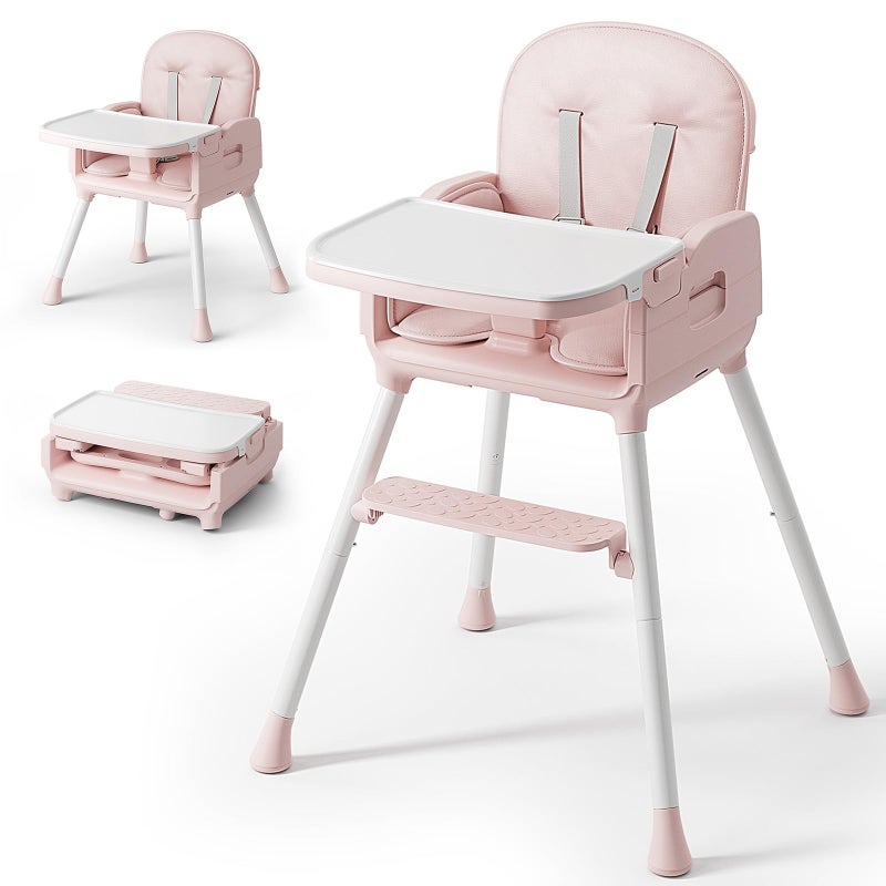 Obee Odee 3-in-1 Portable Baby High Chair for Babies and Toddlers, Convertible Easy Clean Infant Foldable Highchair with Adjustable Legs & Dishwasher Safe Tray, Pink - Image 1