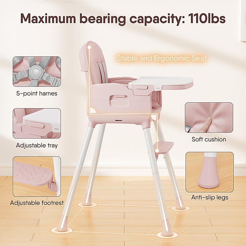 Obee Odee 3-in-1 Portable Baby High Chair for Babies and Toddlers, Convertible Easy Clean Infant Foldable Highchair with Adjustable Legs & Dishwasher Safe Tray, Pink - Image 2