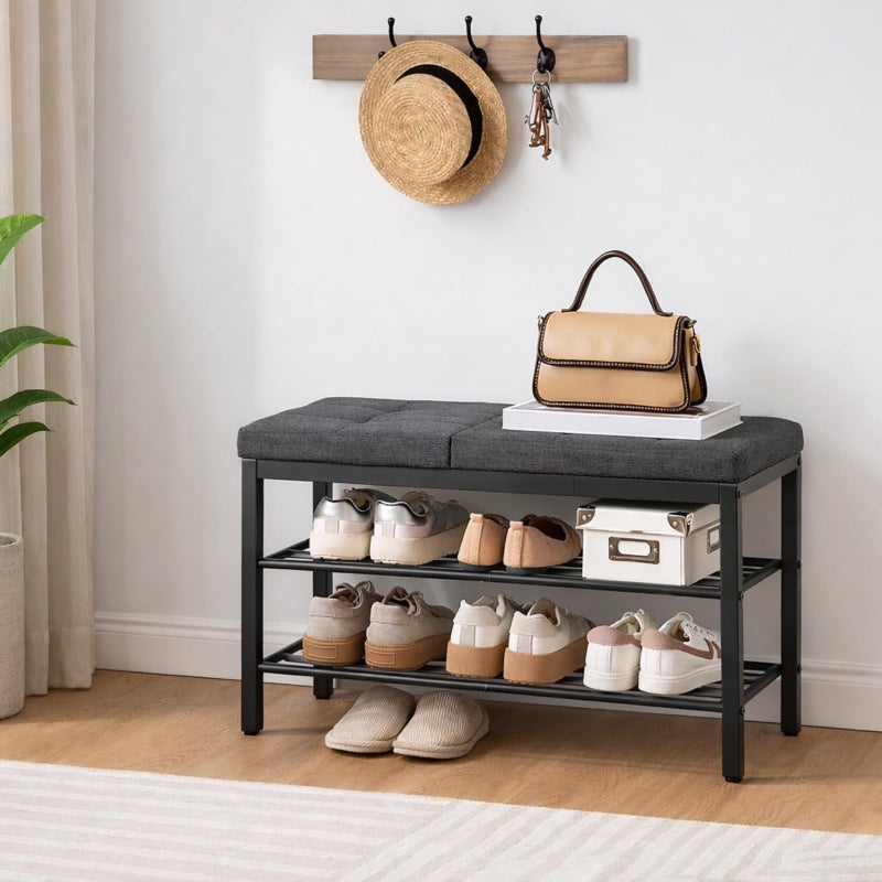 HOOBRO Shoe Bench, Storage Bench with Cushion, Entryway Bench Shoe Shelf with Seat, 12 x 29.5 x 18.1 Inches, Shoe Rack for Living Room, Bedroom, Hallway, Dark Gray BGZ95HX01 - Image 2