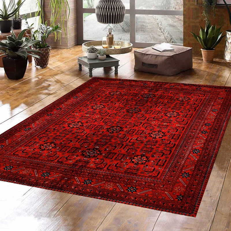 Vagonik Classic Afghan Turkmen Authentic Kilim Patterned Digital Printed Carpet Non-Slip Based Washable Carpet