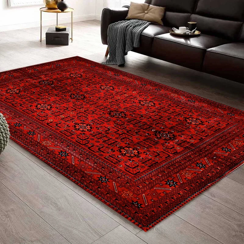 Vagonik Classic Afghan Turkmen Authentic Kilim Patterned Digital Printed Carpet Non-Slip Based Washable Carpet