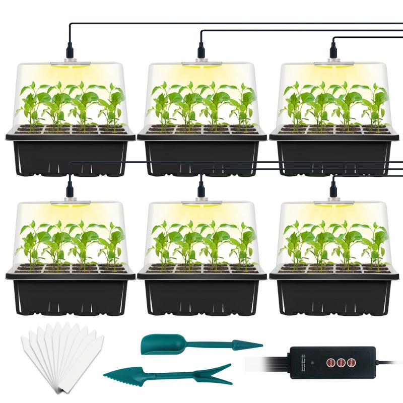 LYDTICK 6-Set Seed Starter Tray with Grow Light, Seed Starting Trays Kits with Timing Controller Adjustable Humidity Domes Heightened Lids(12-Cells Per Tray) - Image 1