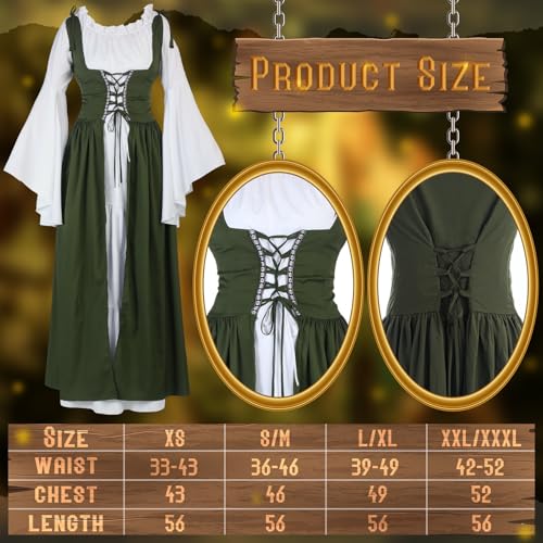Bonuci 6 Pcs Medieval Renaissance Fairy Costume Women Halloween Elf Cosplay Outfits Victorian Dress Elf Ears Fairy Headpiece(Small/Medium,Olive Green) - Image 2