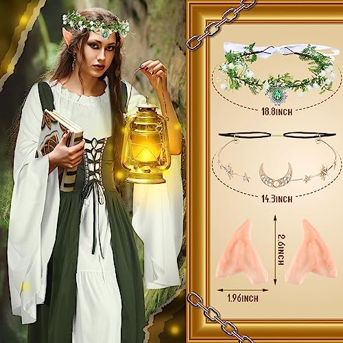 Bonuci 6 Pcs Medieval Renaissance Fairy Costume Women Halloween Elf Cosplay Outfits Victorian Dress Elf Ears Fairy Headpiece(Small/Medium,Olive Green) - Image 3