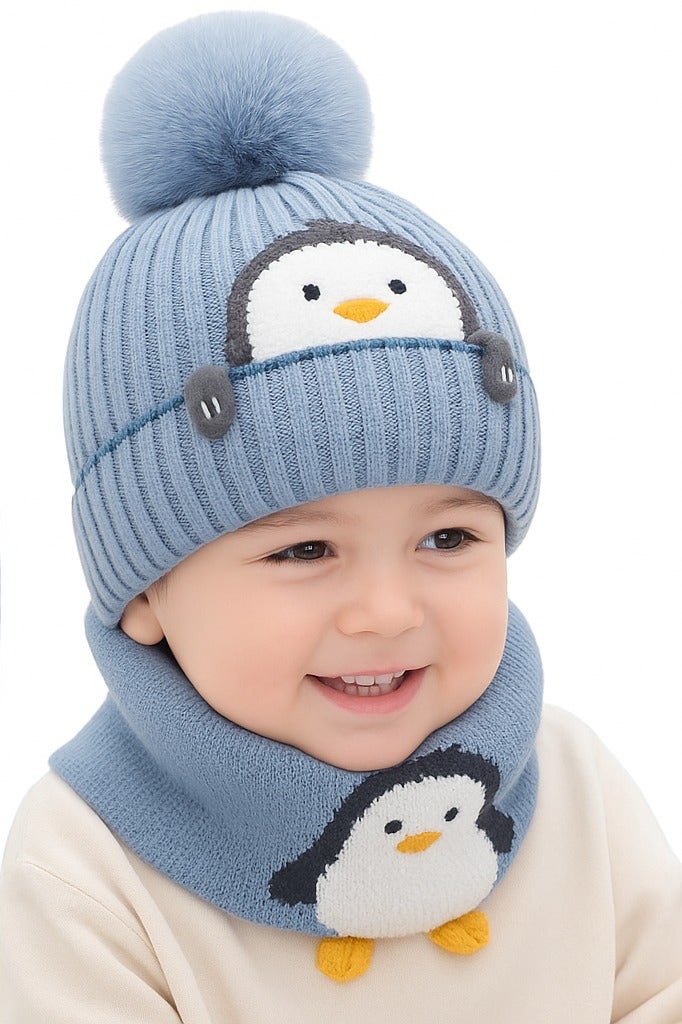 ساراونت طقم قبعة ووشاح شتوي محبوك من قطعتين بطبعة طائر البطريق الكرتوني للأطفال الصغار من سن 0 إلى 4 سنوات - قبعة دافئة محبوكة وغطاء للرقبة للأولاد والبنات - Image 1
