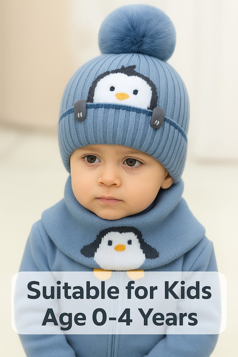 ساراونت طقم قبعة ووشاح شتوي محبوك من قطعتين بطبعة طائر البطريق الكرتوني للأطفال الصغار من سن 0 إلى 4 سنوات - قبعة دافئة محبوكة وغطاء للرقبة للأولاد والبنات - Image 3