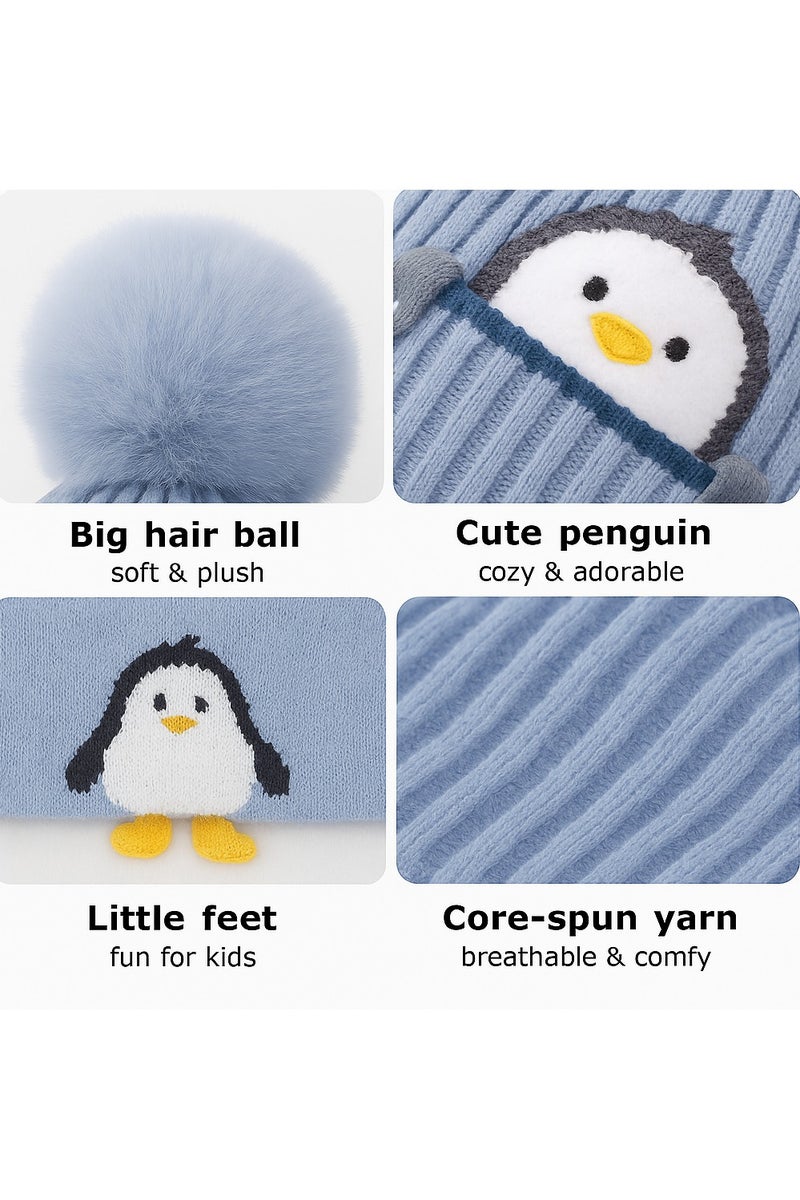 ساراونت طقم قبعة ووشاح شتوي محبوك من قطعتين بطبعة طائر البطريق الكرتوني للأطفال الصغار من سن 0 إلى 4 سنوات - قبعة دافئة محبوكة وغطاء للرقبة للأولاد والبنات - Image 4