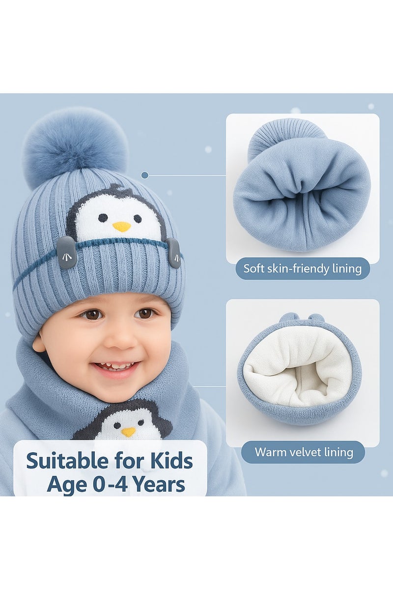 ساراونت طقم قبعة ووشاح شتوي محبوك من قطعتين بطبعة طائر البطريق الكرتوني للأطفال الصغار من سن 0 إلى 4 سنوات - قبعة دافئة محبوكة وغطاء للرقبة للأولاد والبنات - Image 5