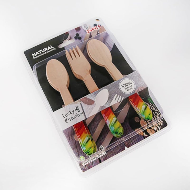 360 Degree Wooden Spoons Set for Cooking and Eating 24-Pieces