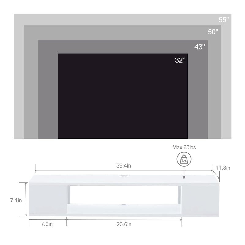GHC Floating TV Stand, Wall Mounted Entertainment Center and Cabinet Shelf, Media Console for DVD Player, Space-Saving Under TV Shelf for Bedroom, Living Room (White) - Image 2