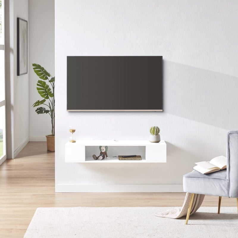 GHC Floating TV Stand, Wall Mounted Entertainment Center and Cabinet Shelf, Media Console for DVD Player, Space-Saving Under TV Shelf for Bedroom, Living Room (White) - Image 1