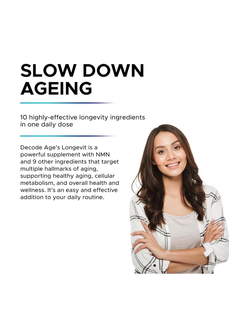 Decode Age - Decode Age LongeVit Supplement | Slow Down Ageing | Improve NAD+, Energy Level & Overall Stamina | Recovery from DNA damage (30 Veg Tablets) - Image 1