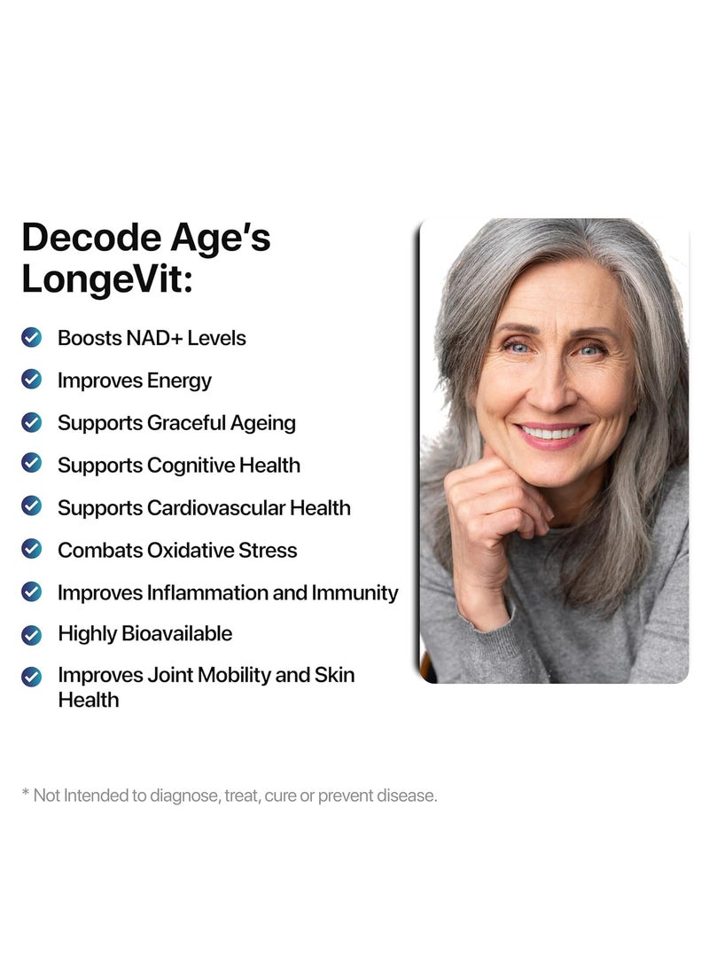Decode Age - Decode Age LongeVit Supplement | Slow Down Ageing | Improve NAD+, Energy Level & Overall Stamina | Recovery from DNA damage (30 Veg Tablets) - Image 1