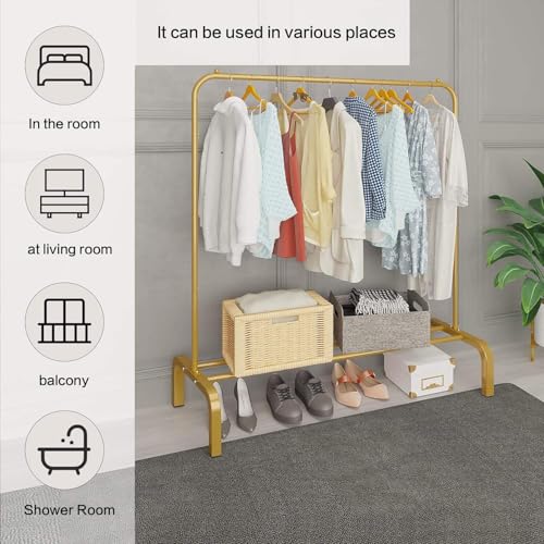 KEEKOS Single Pole Coat Hanger/Cloth Stand/Garment Stand with Bottom Shelves - Metal Garment Rack for Organized Storage 8 Hook (Multi) (Gold) - Image 2