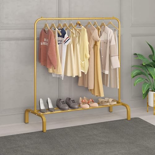 KEEKOS Single Pole Coat Hanger/Cloth Stand/Garment Stand with Bottom Shelves - Metal Garment Rack for Organized Storage 8 Hook (Multi) (Gold) - Image 1