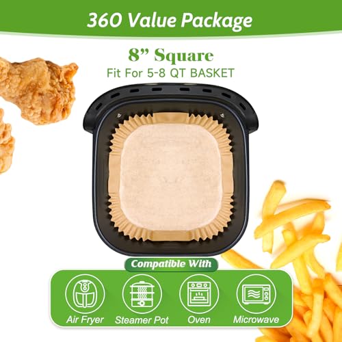 Tripho 360 Pcs 8” Square Unbleached Heavy Duty Air Fryer Paper Liners Disposable, Non-Stick & Non-Leak Parchment Paper Liners for Airfryer Basket, Deep Fryer Parts & Accessories - Image 2