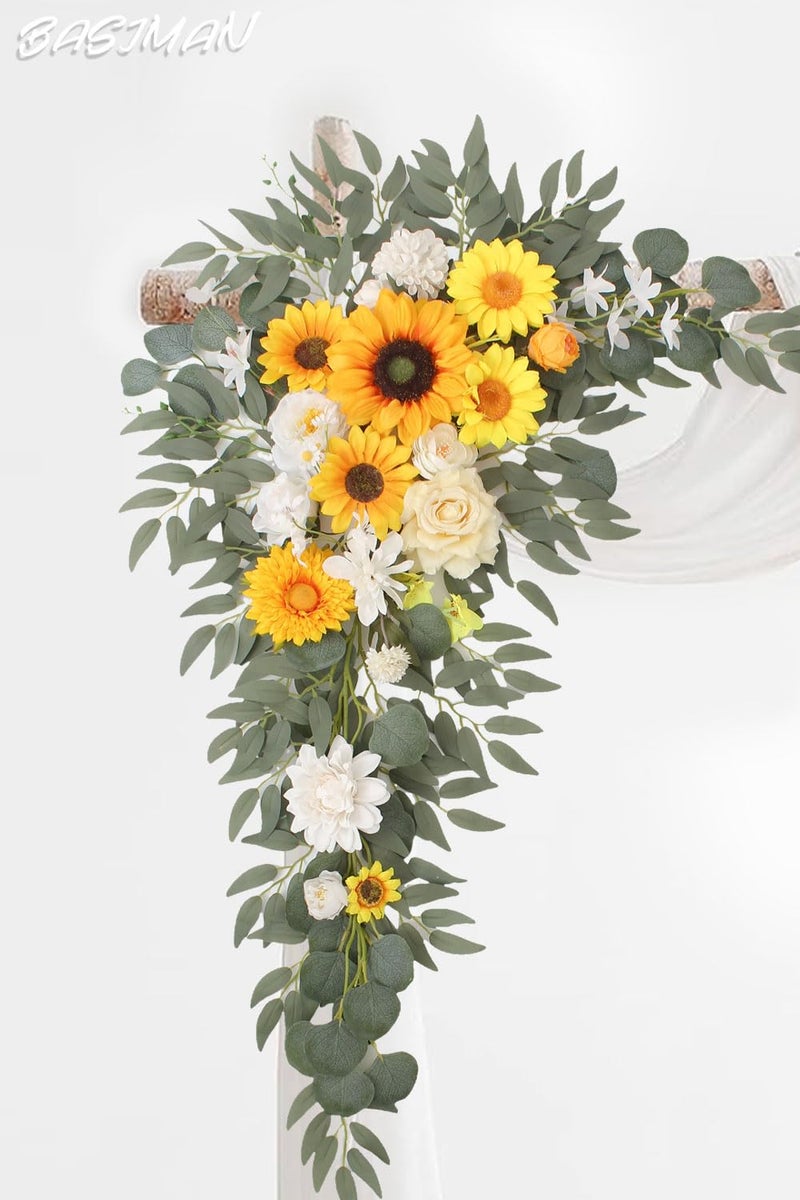 BASIMAN Arch Flowers with Drapes Kit (Pack of 3) for Wedding Ceremony Arbor and Reception Backdrop Decoration Wedding Welcome Signs Floral Birthday Party Decoration(Sunflower) - Image 4