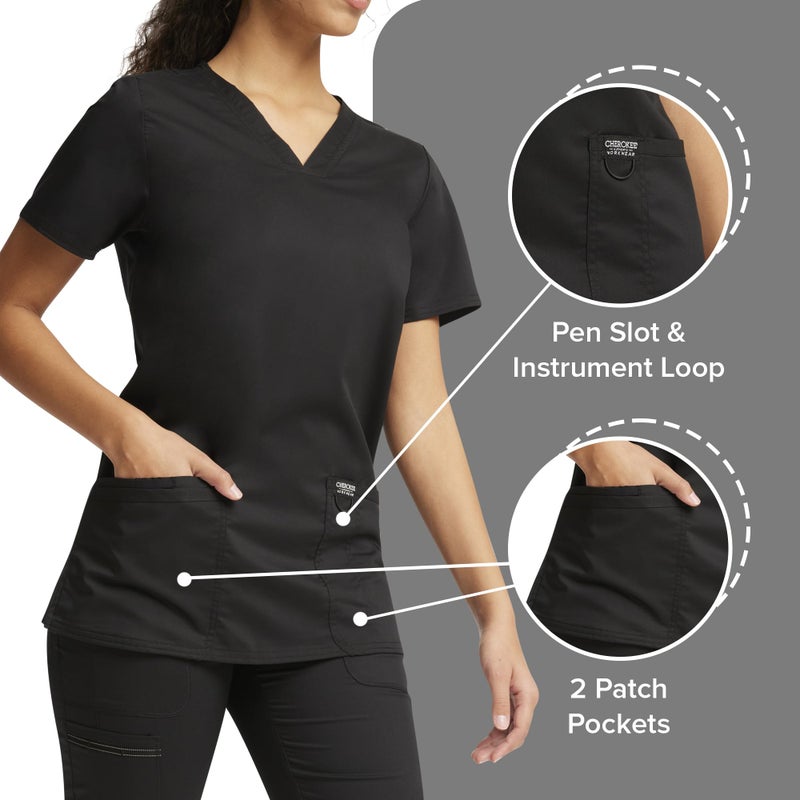 Cherokee V-Neck Scrubs for Women Workwear Revolution, Soft Stretch, Easy Care WW620, M, Black - Image 4