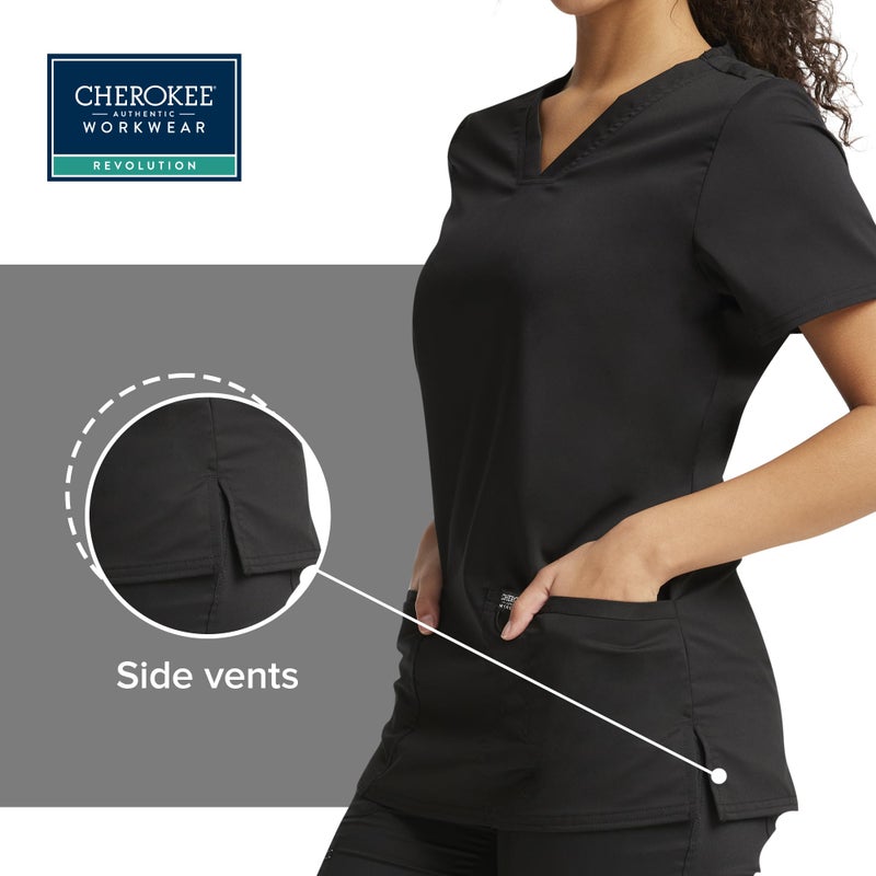 Cherokee V-Neck Scrubs for Women Workwear Revolution, Soft Stretch, Easy Care WW620, M, Black - Image 5