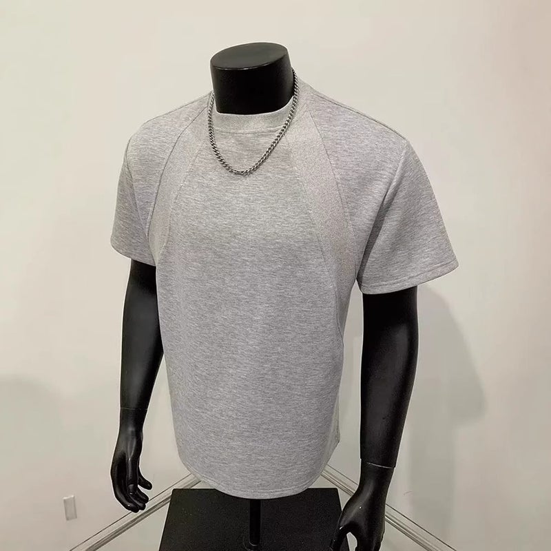 Cleanfit Gray Small Neckline T-Shirt Men'S American Style Right Shoulder Short Sleeve Boxy Splicing Half Sleeve - Image 3