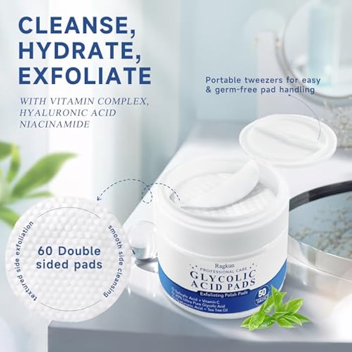 Ragkun Glycolic Acid Pads, Exfoliating Resurfacing Pads for Face with Salicylic Acid Pad with Tea Tree Oil, Exfoliating Face Peel & Radiance Deep Cleaning Effect, 60 Count - Image 2
