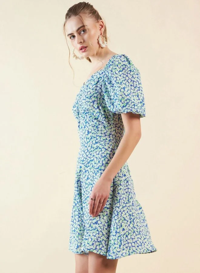 Freehand  Women Fit and Flared Ditsy Printed V-Neck Short Sleeve Mini Dress for Women | Best Price UAE
