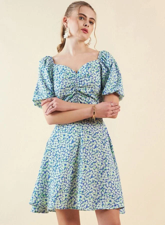 Women Fit and Flared Ditsy Printed V-Neck Short Sleeve Mini Dress