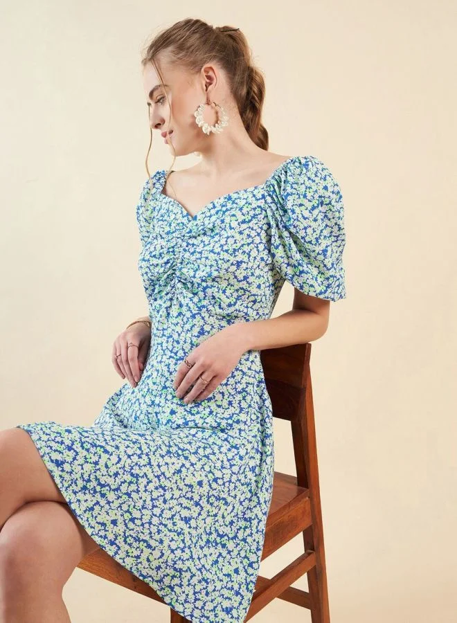 Freehand  Women Fit and Flared Ditsy Printed V-Neck Short Sleeve Mini Dress for Women | Best Price UAE