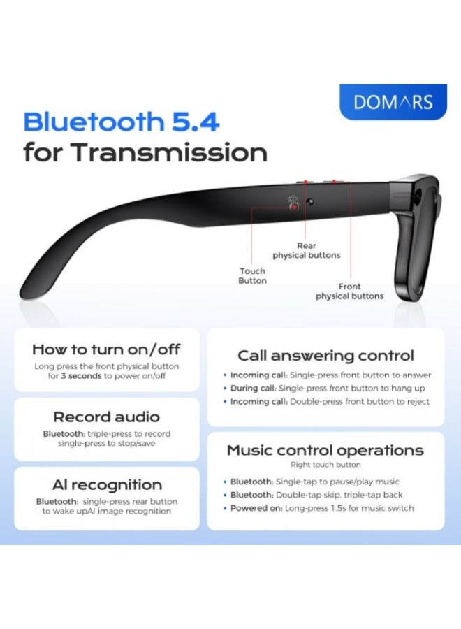 Domars Bluetooth Sunglasses Voice Control and Open Ear Style Fashion Smart Glasses for Athletic Outdoor Sports Smart AI Translation Glasses with Headphones and Speaker AI Translation into 164 languages AI Chat IP65 Waterproof AI Assistant Music - Black - Image 4