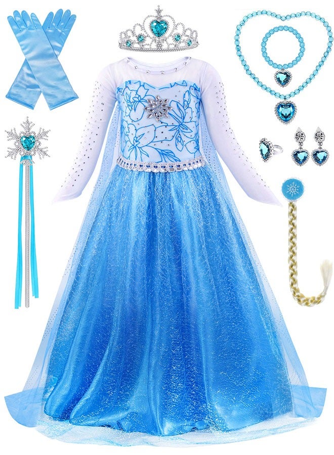 Beauenty Costumes for Girls, Elsa Princess Dress with Princess Crown Magic Wand Accessories, Elsa Princess Dress Up Deluxe Shining Girls Fancy Dress for Party, Cosplay, Pageant - Image 1