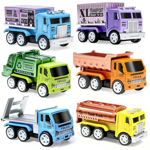 Oriate 6 PCS Diecast Metal Toy Trucks Vehicle Set Cars Toys with Movable Parts Mini Pull Back Toy Cars for Kids Include Garbage Truck Dump Truck for Boys Girls Age 3 4 5 6 - Image 1