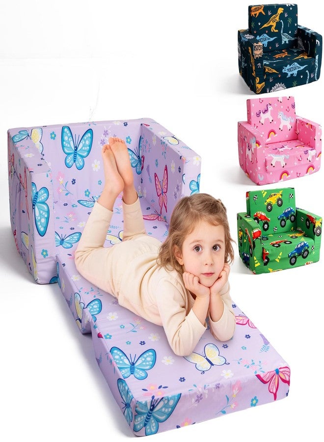 TinyPalsa Foldable Toddler Couch, 30% More Support, 2-in-1 Comfy Sofa & Lounger for 1-3 Years Old Girls Boys, Space Saving & Easy to Clean Kids Chair for Reading, Playroom (Purple Butterfly) - Image 1