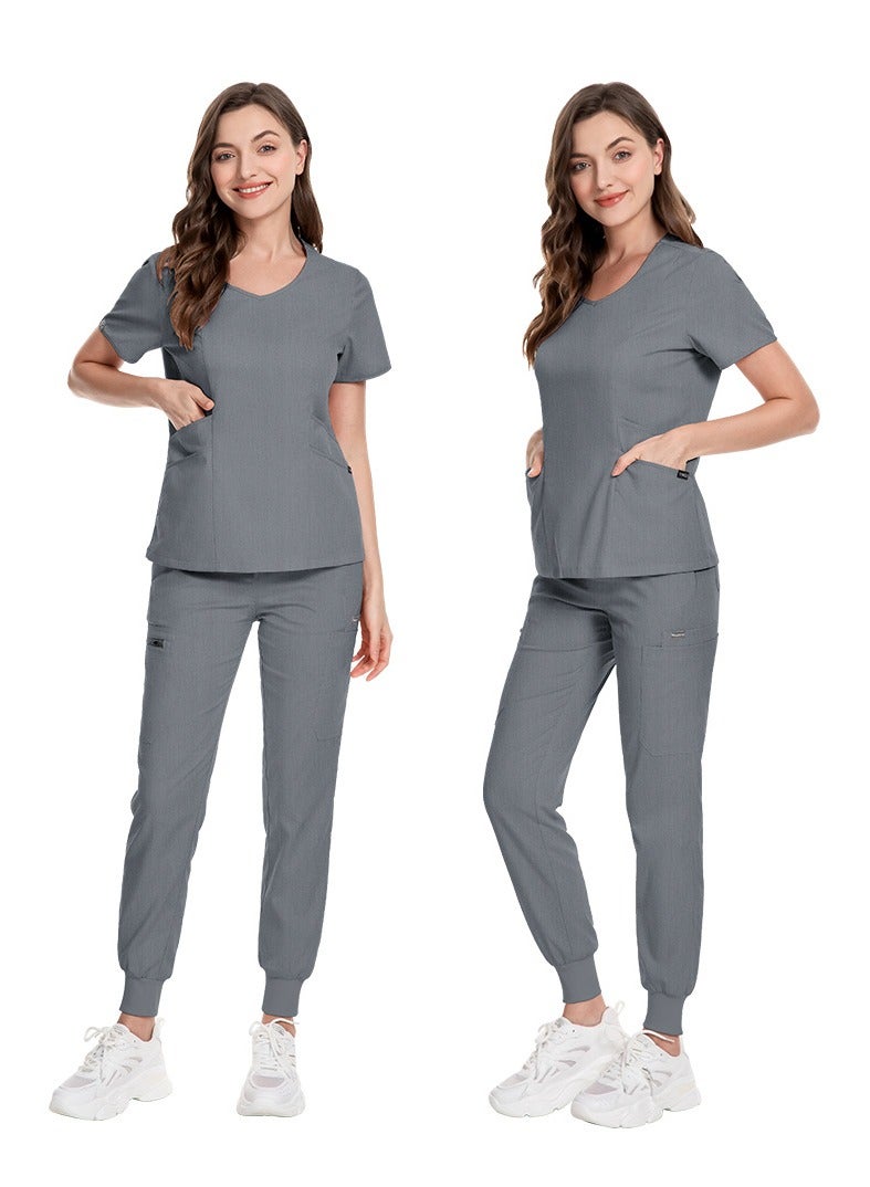 Loquat Medical Uniform Scrubs 2 Piece Set V-Neck Top and Elastic Waist Jogger Pants Suit Grey - Image 2