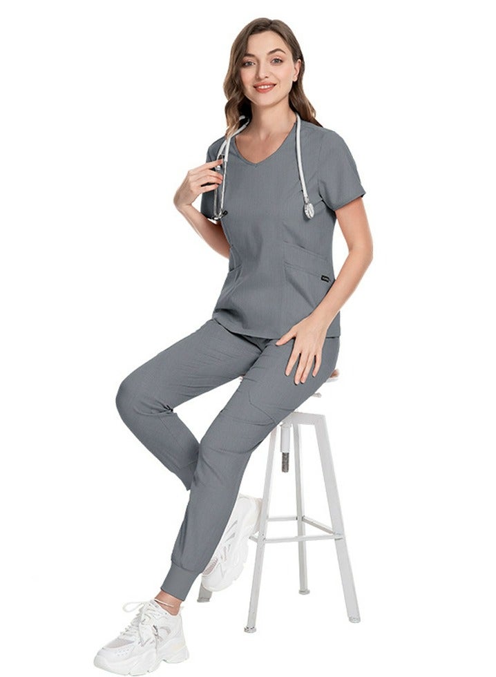 Loquat Medical Uniform Scrubs 2 Piece Set V-Neck Top and Elastic Waist Jogger Pants Suit Grey - Image 1