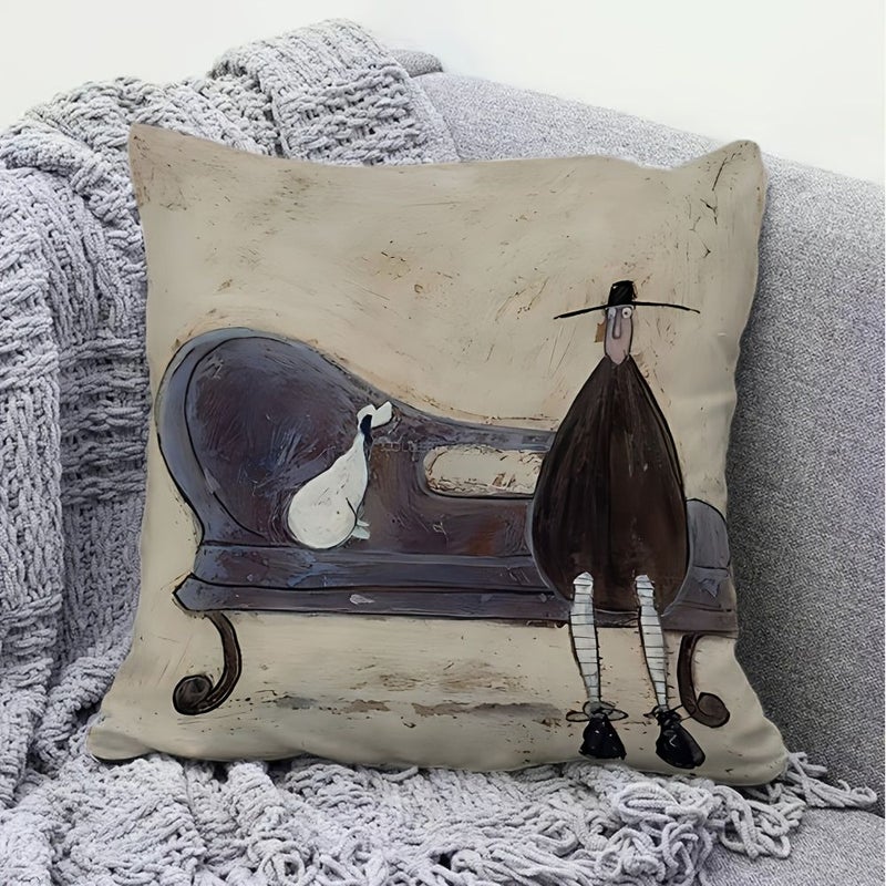 1pc Fashionable Cartoon Painted Print Pillowcase 45x45cm Soft Polyester Short Plush Fabric Single Sided Zipper Closure Machine Washable Office Living Room Bedroom Decor Home Holiday - Image 1
