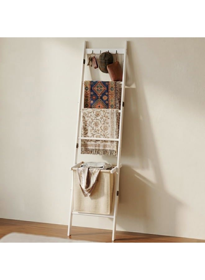 BAMBANG Blanket Ladder with Basket, 5- Tier Blanket Quilt Holder Towel Rack with 4 Hooks for Living Room, Wall Leaning Decorative Ladder Shelf with Storage Hamper, Bamboo White - Image 1