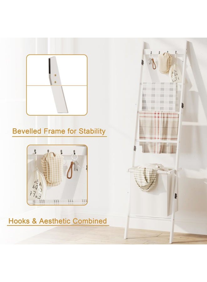BAMBANG Blanket Ladder with Basket, 5- Tier Blanket Quilt Holder Towel Rack with 4 Hooks for Living Room, Wall Leaning Decorative Ladder Shelf with Storage Hamper, Bamboo White - Image 3