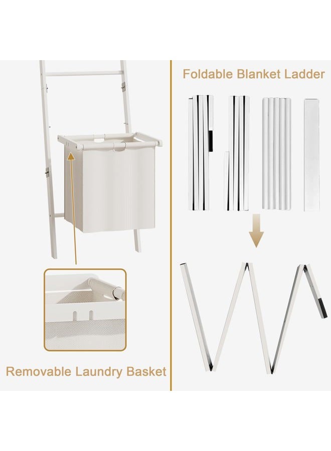 BAMBANG Blanket Ladder with Basket, 5- Tier Blanket Quilt Holder Towel Rack with 4 Hooks for Living Room, Wall Leaning Decorative Ladder Shelf with Storage Hamper, Bamboo White - Image 5