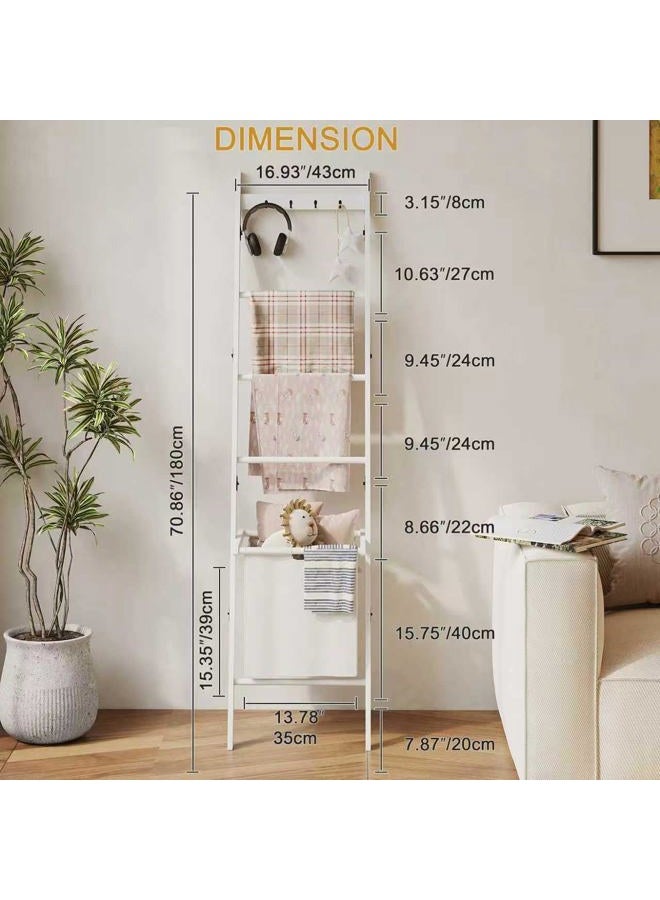 BAMBANG Blanket Ladder with Basket, 5- Tier Blanket Quilt Holder Towel Rack with 4 Hooks for Living Room, Wall Leaning Decorative Ladder Shelf with Storage Hamper, Bamboo White - Image 4