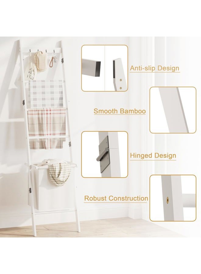 BAMBANG Blanket Ladder with Basket, 5- Tier Blanket Quilt Holder Towel Rack with 4 Hooks for Living Room, Wall Leaning Decorative Ladder Shelf with Storage Hamper, Bamboo White - Image 2