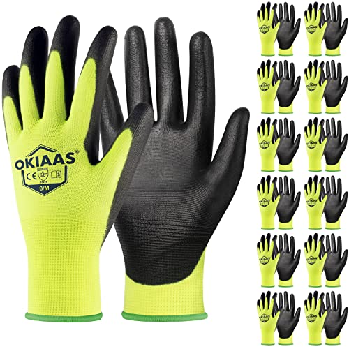 OKIAAS Work Gloves for Men, Ultra Thin and Lightweight with Grip, 12 Pairs Bulk Pack Construction Gloves with Polyurethane Coating, Safety Gloves for Light Duty Work (Green, Medium) - Image 1