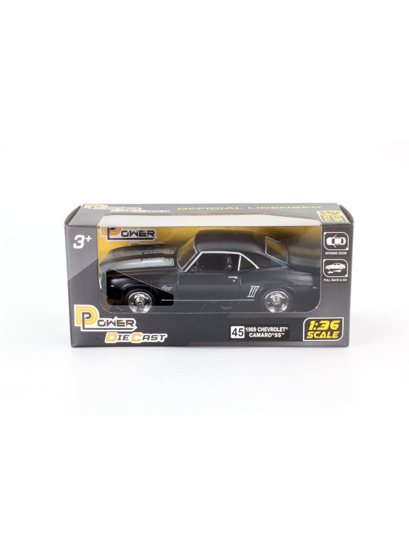 D-Power 1:36 Diecast Chevrolet Camaro 1969 – Matte Black, Pull Back, Classic Muscle Car Collectible Model - Image 4