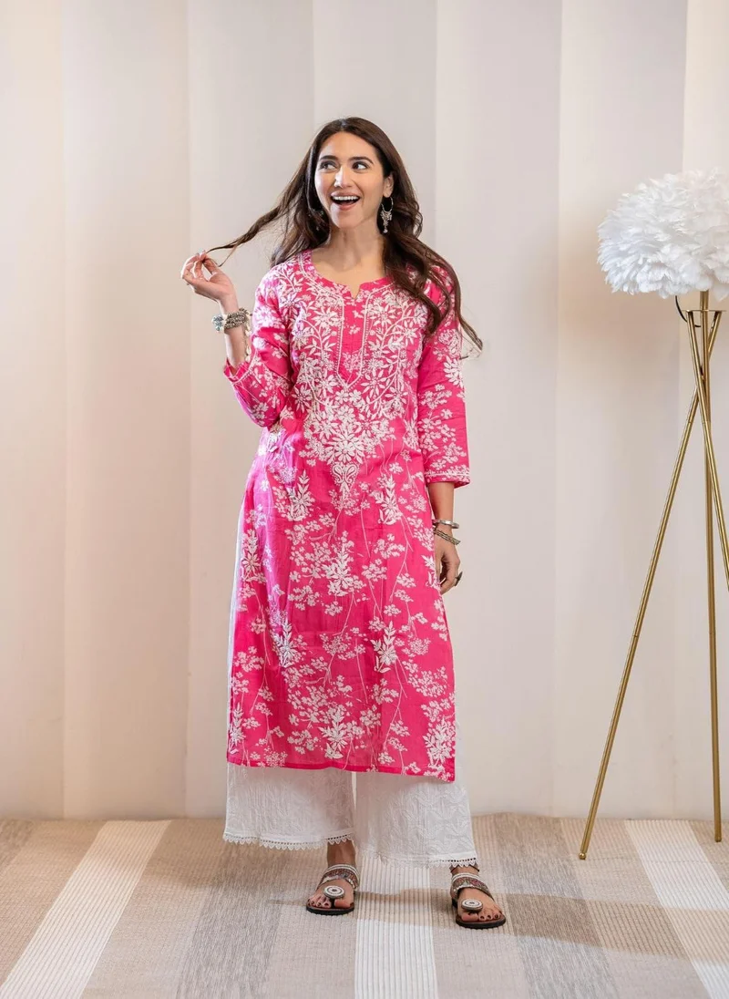 GoSriKi Women's Cotton Blend Chikankari Embroidered Straight Kurta (ZAINAB Pink-NW-GS_L_Pink_Large)