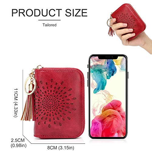APHISON RFID Credit Card Holder Zipper Card Case Keychain Small Wallet for Women 1927 RED - Image 5